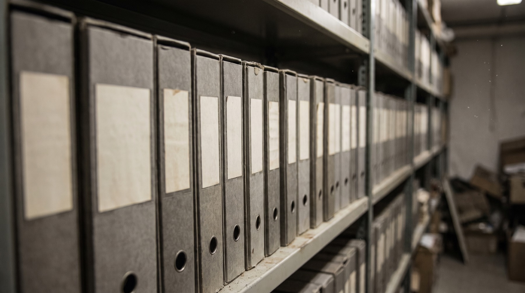 A storeroom shelf of identical archive binders, each with a blank spine label